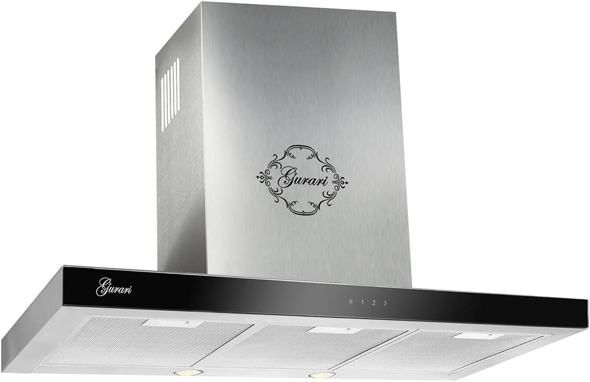 Okap kuchenny Gurari, 90 cm – 52 dB, Srebrny / Czarny, stal nierdzewna, oświetlenie LED – pilot zdalnego sterowania, 1000 m3 / h, klasa energetyczna A