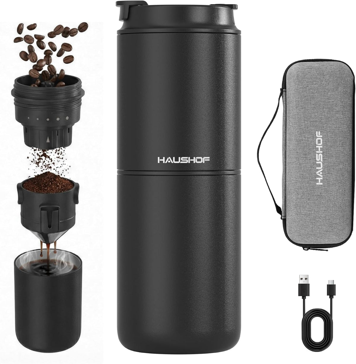 HAUSHOF Ekspres do kawy – 400 ml, Czarny, praca bezprzewodowa, 4- in-1 Kawiarnia – Przenośne, elektryczne, stojąco, kemping